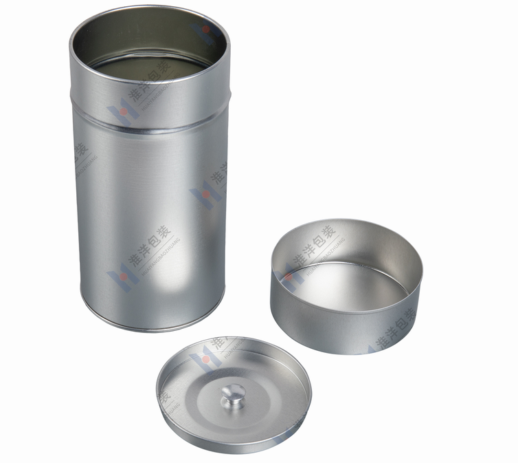 tall silver tea tin can with inner lid and metal cap